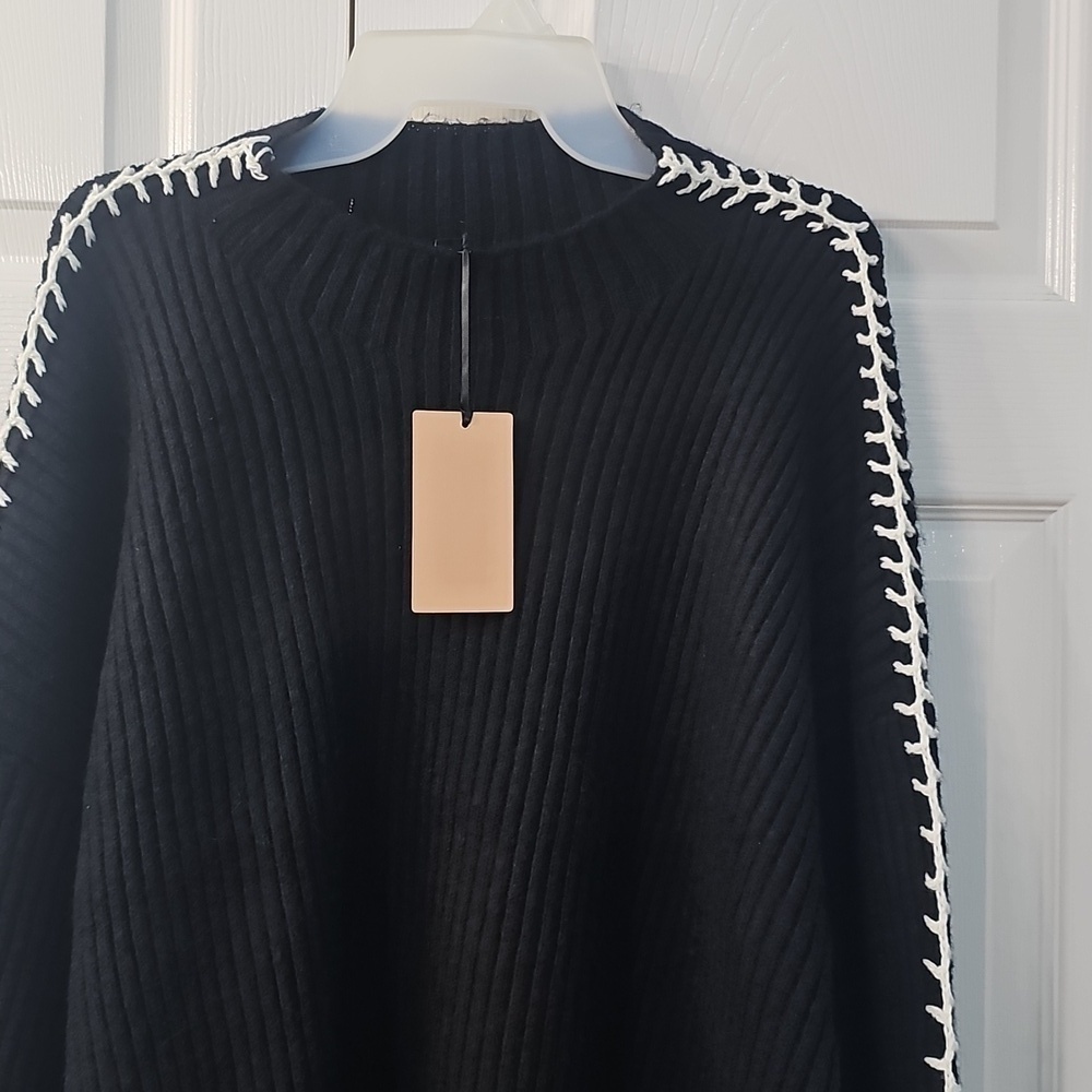 New Halogen Contrast Stitch Chunky Plush Thick Sweater BLK/White XL - Picture 8 of 14